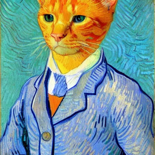 Image similar to a portrait of a ginger orange cat, wearing a light blue suit, by Vincent Van Gogh