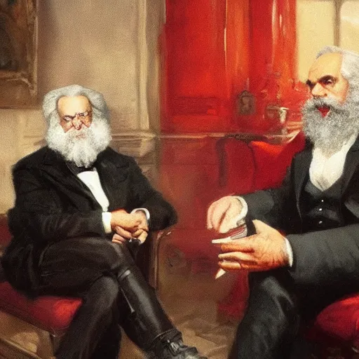 Image similar to Jordan Peterson having a conversation with Karl Marx by Greg Rutkowski, 4k, masterpiece