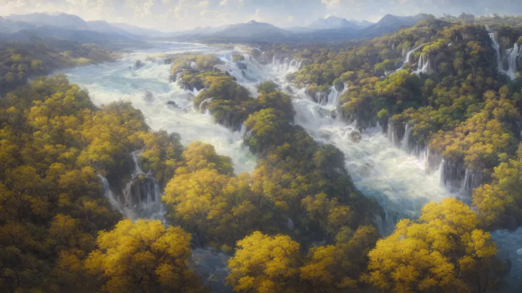 Image similar to The most beautiful panoramic landscape, oil painting, where a giant dreamy waterfall creates a river, the trees around are starting to bloom in a variety of colors, by Greg Rutkowski, aerial view