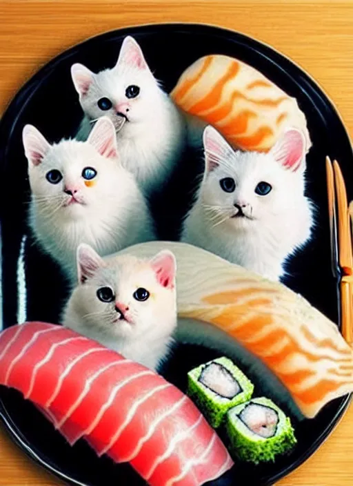 Image similar to clear photorealistic picture of adorable cats made out of sushi