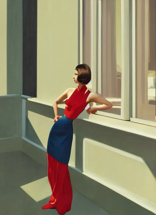 Prompt: Italian Vogue vintage cover, portrait of a female model, high fashion, by Edward Hopper and James Gilleard, 8k, octane render, ultra sharp, detailed digital art