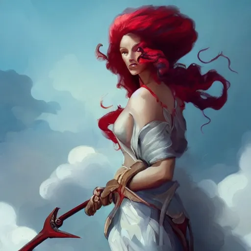 Image similar to a painting of a woman holding a sword, a digital painting by peter mohrbacher, trending on artstation, metaphysical painting, speedpainting, made of feathers, digital painting, painting made of feathers mist and cloud, the woman made of curly silk with red edges