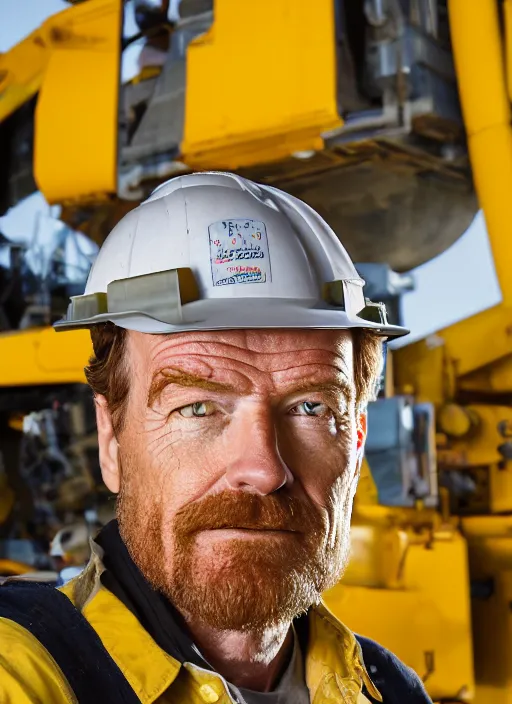 Image similar to closeup portrait of mecha bryan cranston with construction crane arms, yellow hardhat, sitting in a crane, natural light, bloom, detailed face, magazine, press, photo, steve mccurry, david lazar, canon, nikon, focus