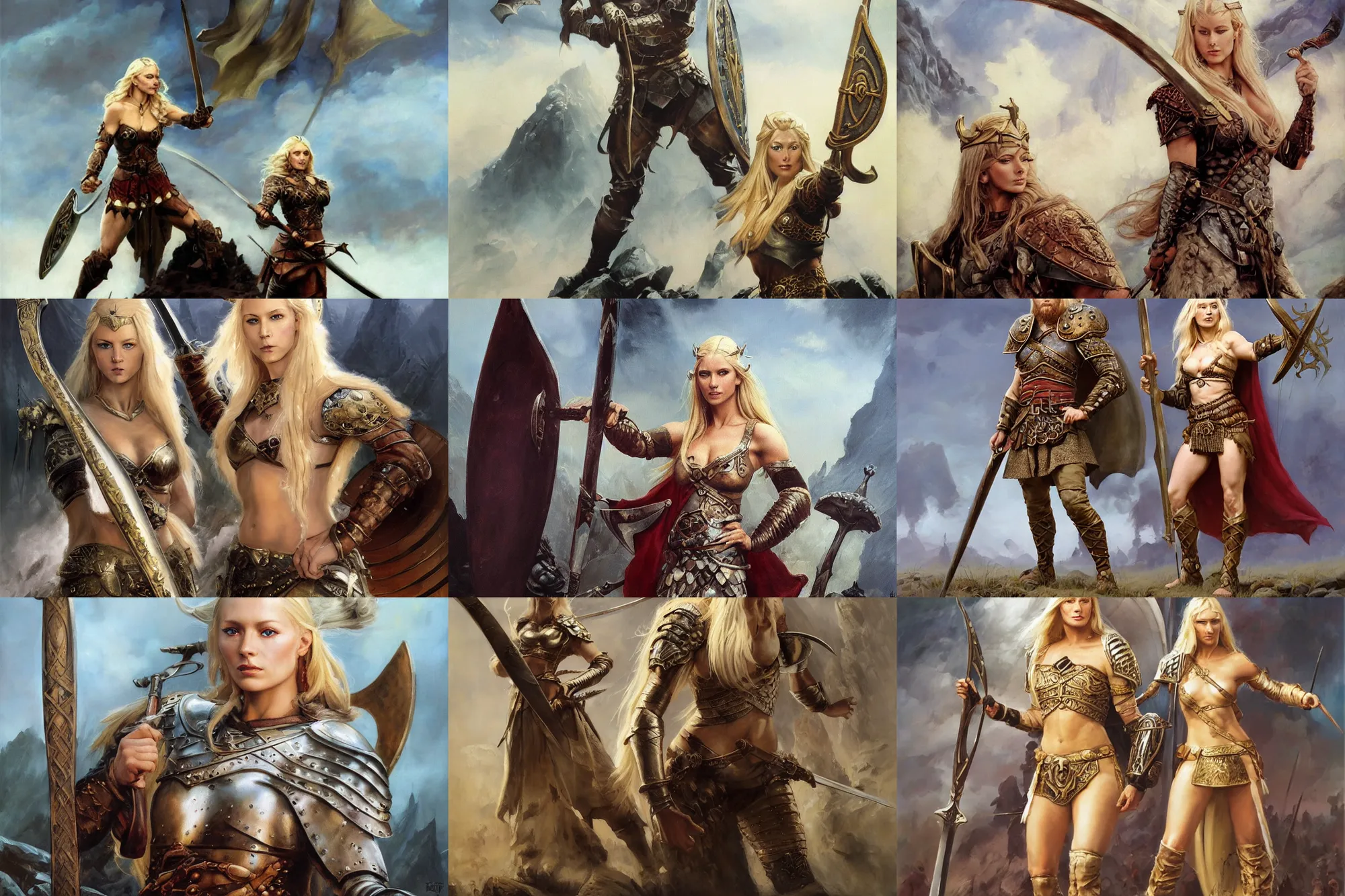 Prompt: An oil painting of a beautiful blonde viking woman posing with a war banner and sword, battlefield, dragon scale armor, very aesthetic face, by Frank Frazetta, Greg Rutkowski, Boris Vallejo, Neal Hanson, Christian MacNevin, epic fantasy character art, goddess of war, goddess of anger, high fantasy, full length, exquisite detail, post-processing, low angle, masterpiece, cinematic, colossal dragon in background
