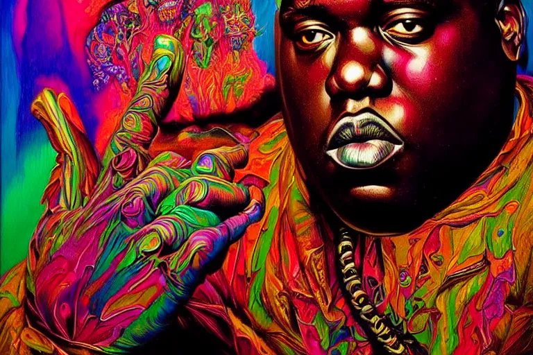 Image similar to An extremely psychedelic experience, colorful, surreal, dramatic lighting, Notorious BIG smoking a blunt, LSD, face, detailed, intricate, elegant, highly detailed, digital painting, artstation, concept art, smooth, sharp focus, hyper detailed golden ratio illustration, rich deep colors. masterpiec, Beksinski paintin, art by Sam Spratt, San Mumford, Artem Demura and Alphonse Mucha