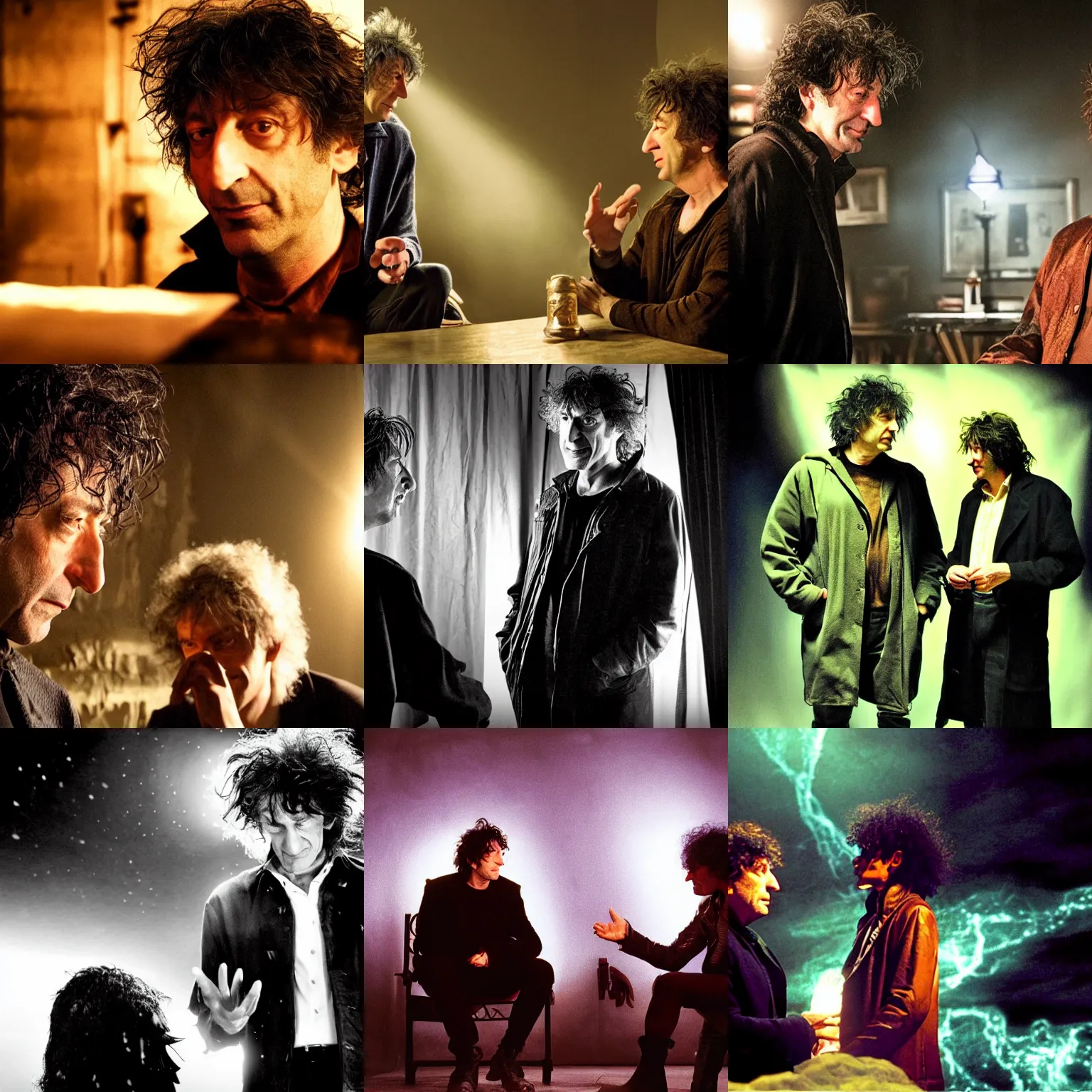 Image similar to a dramatic photograph of neil gaiman having a conversation with dream from the sandman in a fantasy world, dramatic lighting, filmic, cinematographic, sci - fi