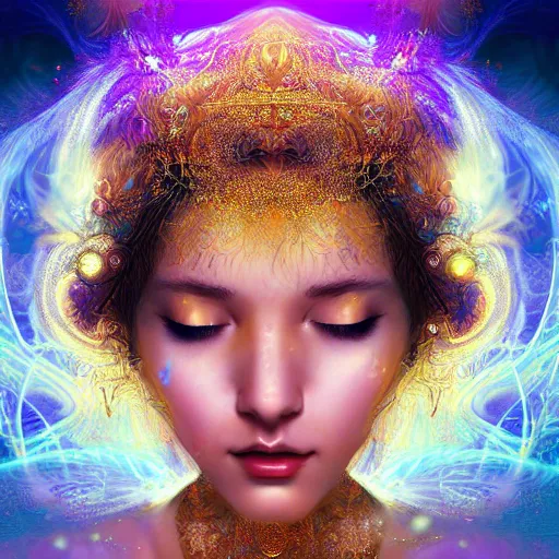 Image similar to highly detailed digital painting portrait of a beautiful goddess by wlop, bright light emerging from her eyes, with small diadem, with lots of thin ornaments, curves and chaotic fractal art inlays, intricate, 8 k, golden aura, cinematic light, background atmospheric effects, sparkles, light rays, mixed with mucha style