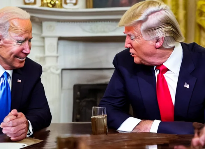 Prompt: a detailed photo of joe biden and donald trump kissing, putin laughing, 8 k