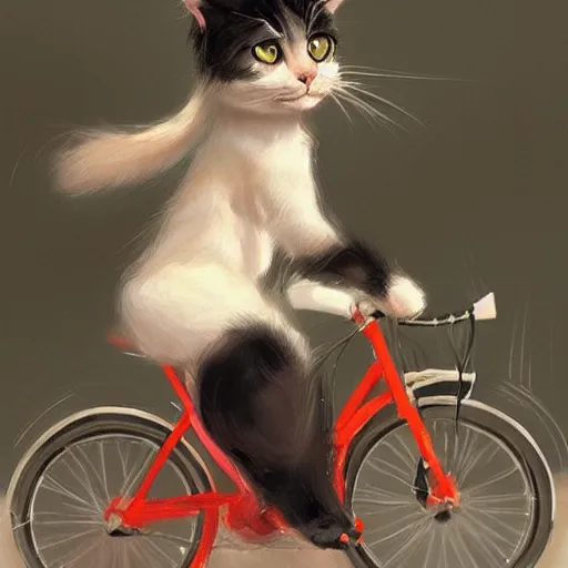 Image similar to head and shoulders masterpiece portrait of cute cat riding a bicycle, digital art by Krenz Cushart, trending on artstation