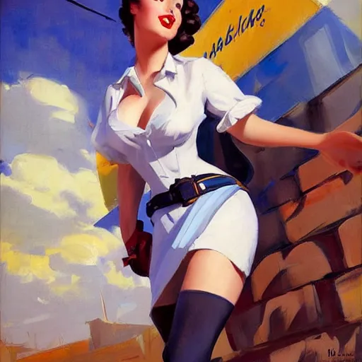 Prompt: greg manchess portrait painting of a beautiful waitress 1 9 4 0's pinup as overwatch's characters, medium shot, asymmetrical, profile picture, organic painting, sunny day, matte painting, bold shapes, hard edges, street art, trending on artstation, by huang guangjian and gil elvgren and sachin teng