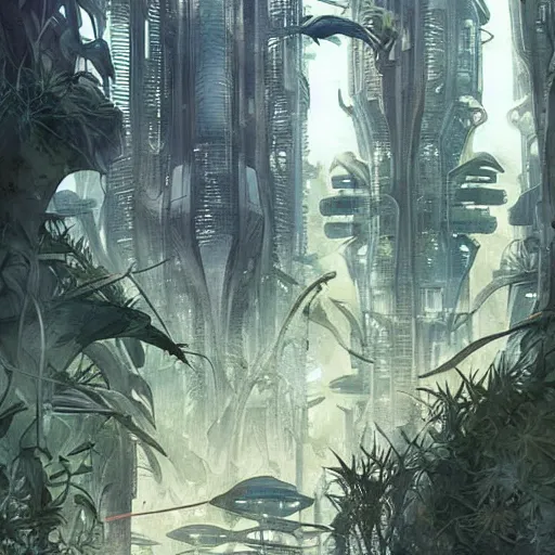 Image similar to Beautiful overgrown futuristic sci-fi city in harmony with nature. Nice colour scheme, soft warm colour. Beautiful detailed watercolor by Lurid. (2022)