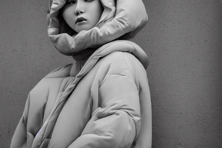 Image similar to well lit fashion shoot portrait of extremely beautiful female marble statue wearing huge over size puffer jacket by dingyun zhang, yeezy, balenciaga, vetements, a cold wall, sharp focus, clear, detailed,, cinematic, detailed, off white, glamourous, symmetrical, vogue, editorial, fashion, magazine shoot, glossy