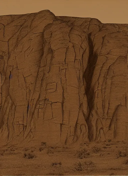 Prompt: Line wrawing by John Wesley Powell of towering rock formations carved by the wind, surrounded by sparse vegetation, sepia toned, Smithsonian American Art Museum.