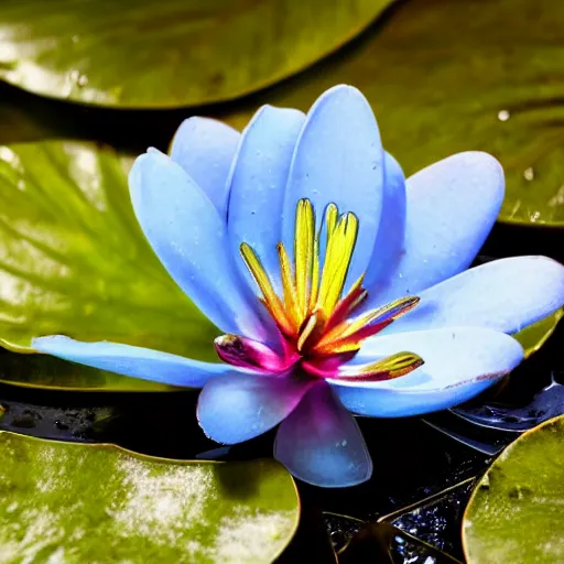 Image similar to perfume bottle sitting on a lilypad in the middle of a blue lake, close up shot, upfront, surrounded by tropical leaves, blurred tropical background, softly - lit, soft - warm, zen, light, modern minimalist f 2 0 clean