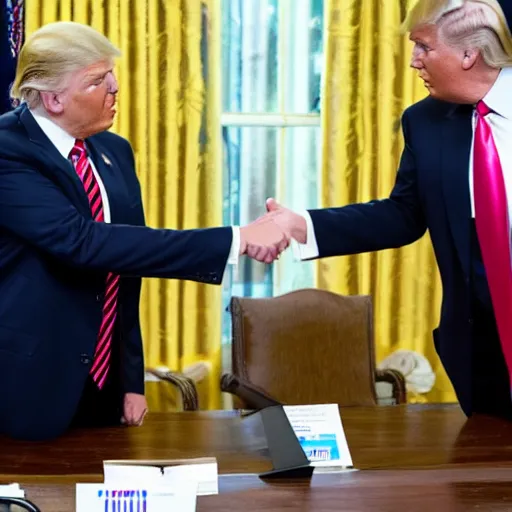 Prompt: photo of donald trump shaking joe bidens hand, gracefully accepting election results. conceding. wow the ai only shows donald trump shaking just own hand somehow lol...