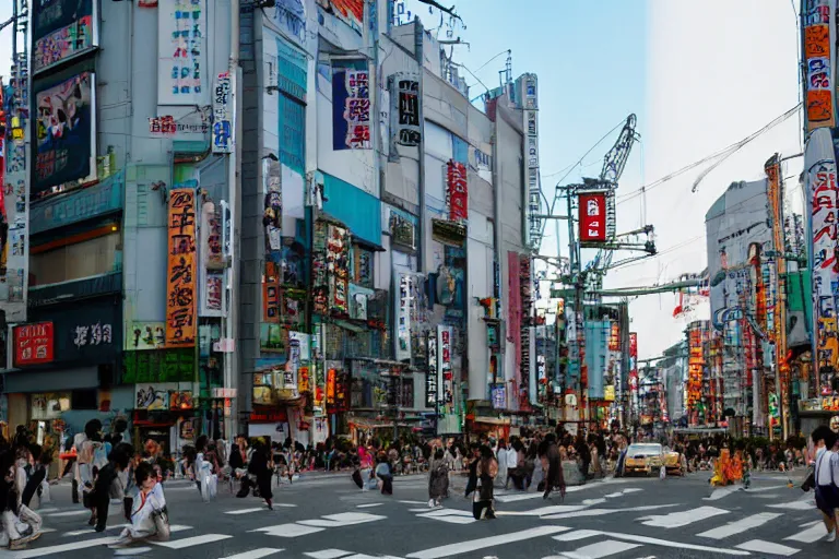 Image similar to Shibuya with traditional Japanese architecture, scene from a Studio Ghibli movie by Hayao Miyazaki