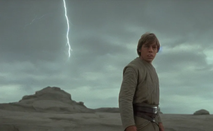 Image similar to screenshot portrait shot of Luke Skywalker on a lightning planet, moody jagged dark landscape, from the 1970s sci fi thriller by Stanely Kubrick , no people, no man, lost world, sharp focus, color kodak stock, ektochrome, anamorphic lenses, detailed faces, moody cinematography