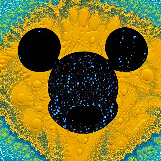 Prompt: mickey mouse head, distorted, vhs glitch, varied textures, wet, mycelium, scaly, broken, melting fractal