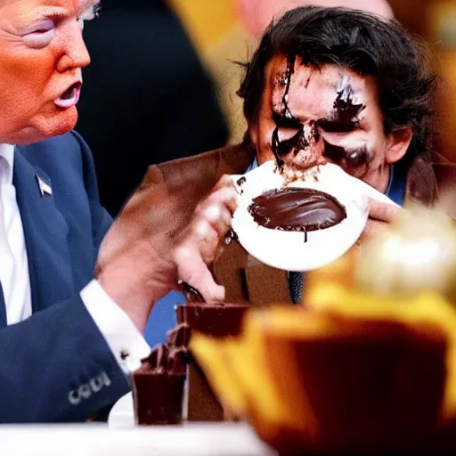 Prompt: crying donald trump in a highchair with chocolate pudding all over his face, gettyimages,