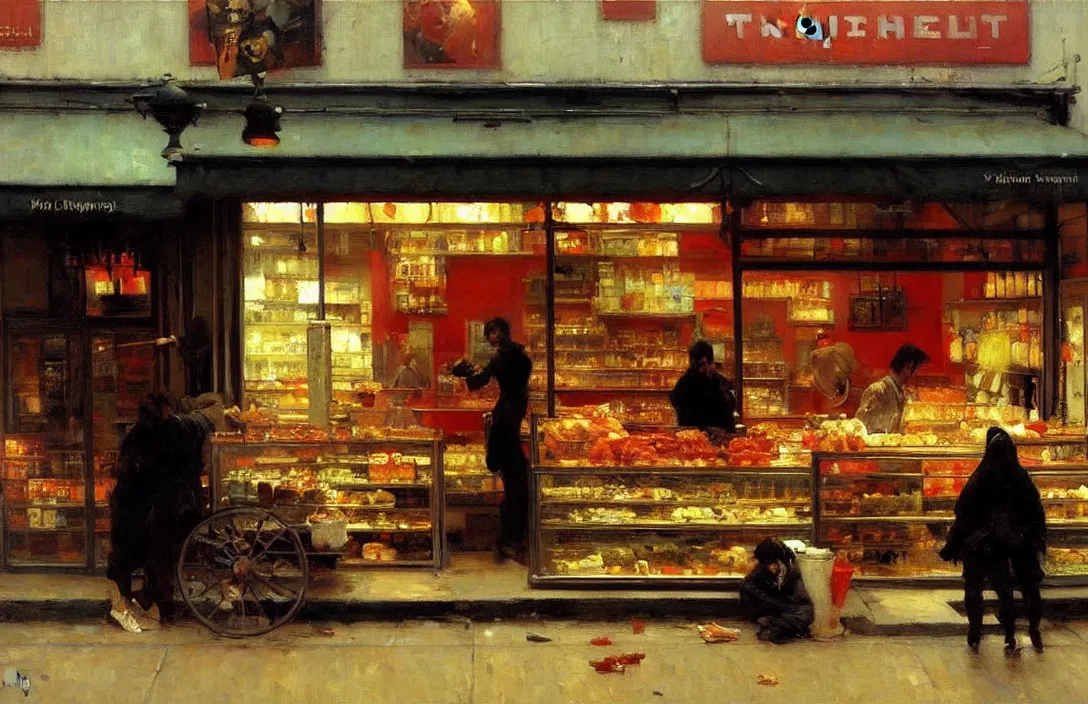 Prompt: a take away food shop front, detailed painting, epic lighting, by ilya repin, phil hale and kent williams