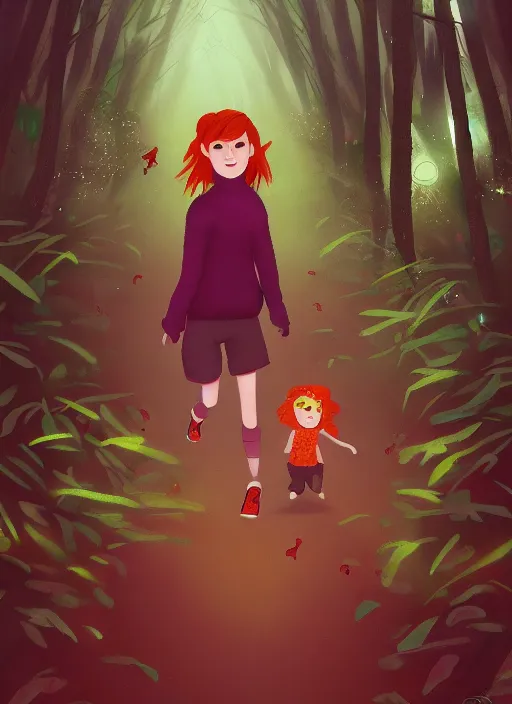 Image similar to Ginger girl running through a dark forest full of tall trees and fireflies . A monster is chasing her with glowing eyes. Artstation, award winning, mysterious.