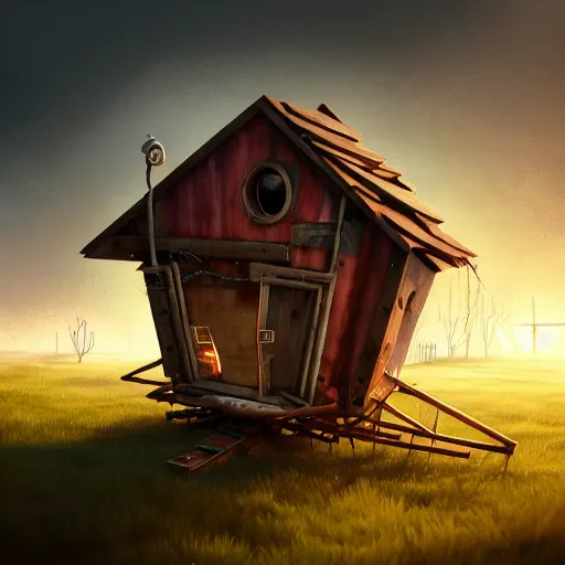 Image similar to a walking wood and metal house with two legs and two big eyes, rust, hyperrealistic, highly detailed, cinematic, single ray of sun, morning, pareidolia, gravity falls style, beautiful, cgssociety, artstation, 8 k, oil painting, digital art