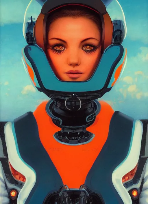 Image similar to symmetry!!! closeup portrait of a cyborg racer girl, fashion racing jumpsuit, shoulder pads, in clouds, cinematic light, windy, teal orange, volumetric smoke simulation! by gerald brom, by mikhail vrubel, by peter elson, muted colors, extreme detail, trending on artstation, 8 k