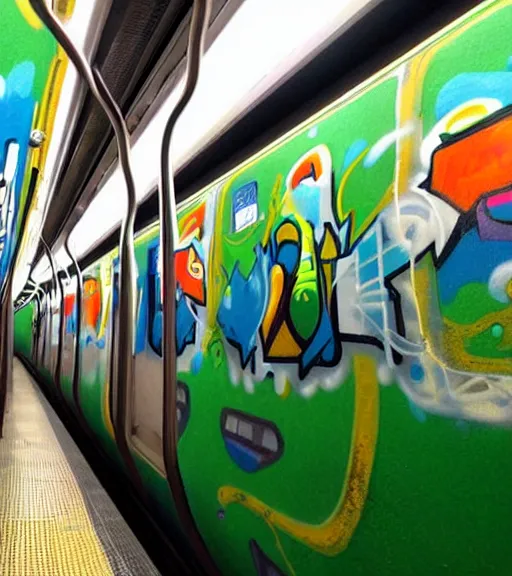 Prompt: graffiti mural on a subway train that says ireland