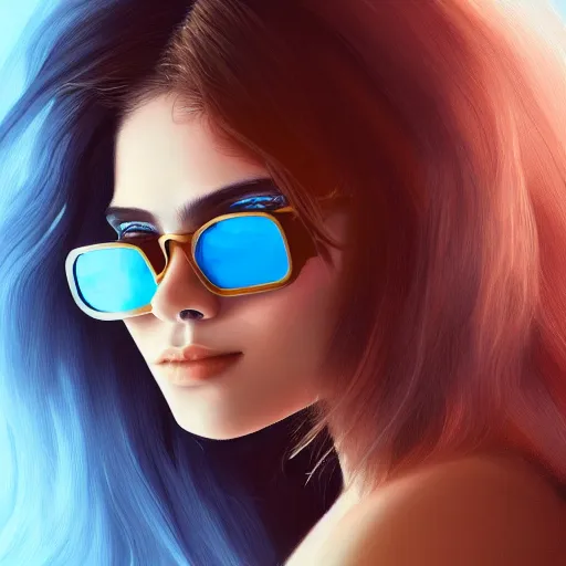 Image similar to closeup painting of a very beautiful young mexican cyberpunk woman smirking, wearing light blue shades and a leather jacket, one side haircut, long brown hair with light blue ends, portrait, hyperdetailed, artstation, cgsociety, 8 k