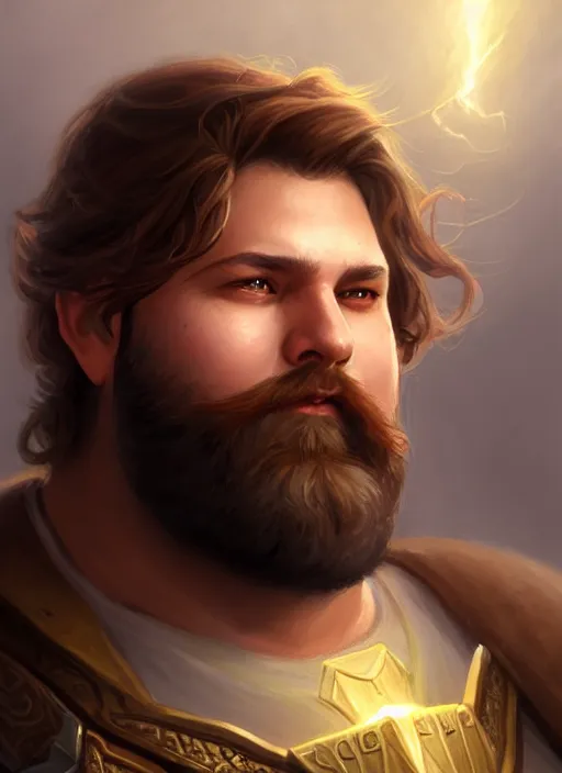 Image similar to a _ fantasy _ style _ portrait _ painting _ of light brown male paladin with long wavy brown hair chubby and beard, rpg dnd oil _ painting _ unreal _ 5 _ daz. _ rpg _ portrait _ extremely _ detailed _ artgerm _ greg _ rutkowski _ greg