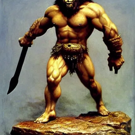 Image similar to muscular lion as barbarian hunter full body ,human legs ,very textured detailed oil painting by Frank Frazetta