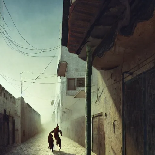 Image similar to old jeddah city alley, roshan, old shops, horse, magical glowing time portal, a man wearing a worn out white robe, dramatic lighting sci fi, by caspar david friedrich by beeple and james gilleard and justin gerard, centered, artstation, smooth, sharp focus, photoreal octane render, 3 d, by jean baptiste monge