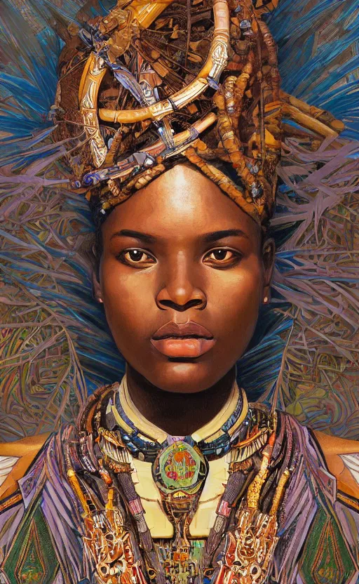 Image similar to upper half portrait of retro futuristic african tribal chief - embellished with vegetation and iridescent crystals art by joseph christian leyendecker, design blocking by alphonso mucha and drew struzan, highly detailed, digital painting, airbrush, concept art, illustration, smooth sharp focus, intricate, symmetry,