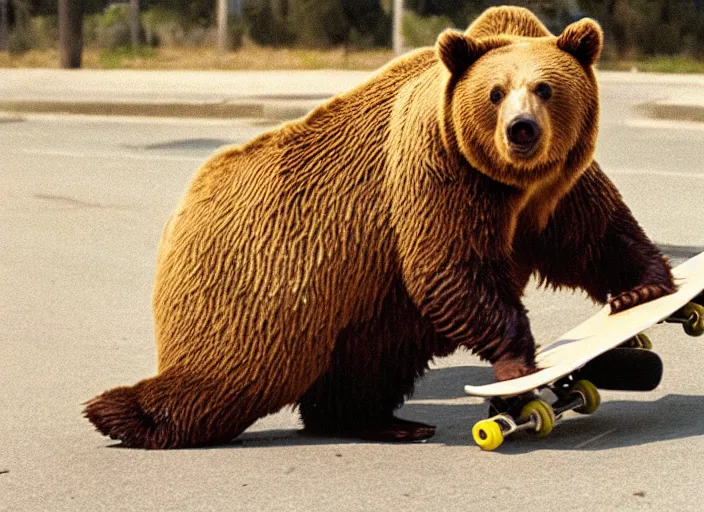 Prompt: film still of a bear covered in spaghetti noodles riding a skateboard in compton ca, 8 k