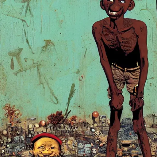 Image similar to an african boy from the movie tank girl, by jamie hewlett and sawoozer and geof darrow and roger ballen,