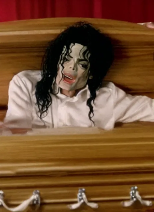 Image similar to photo still of michael jackson unconscious inside a coffin, full-shot, 4k