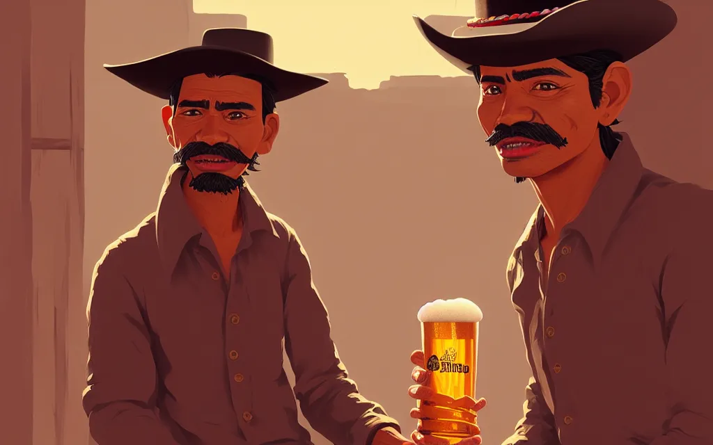 Image similar to juan caloto beer illustration of a mexican man,, with one small, dirt, wild west, with hat, drinking a beer at train station, fantasy, intricate, elegant, highly detailed, digital painting, artstation, concept art by makoto shinkai, ilya kuvshinov, lois van baarle, rossdraws, basquiat,