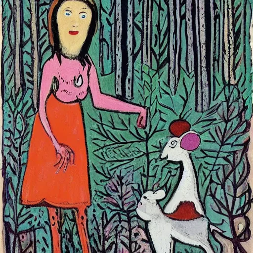 Image similar to In the photograph Vasilisa can be seen standing in the forest, surrounded by animals. She is holding a basket of flowers in one hand and a spindle in the other. Her face is turned towards the viewer, with a gentle expression. In the background, the forest is depicted as a dark and mysterious place. by Jean Dubuffet, by Kevin Sloan dynamic, geometric