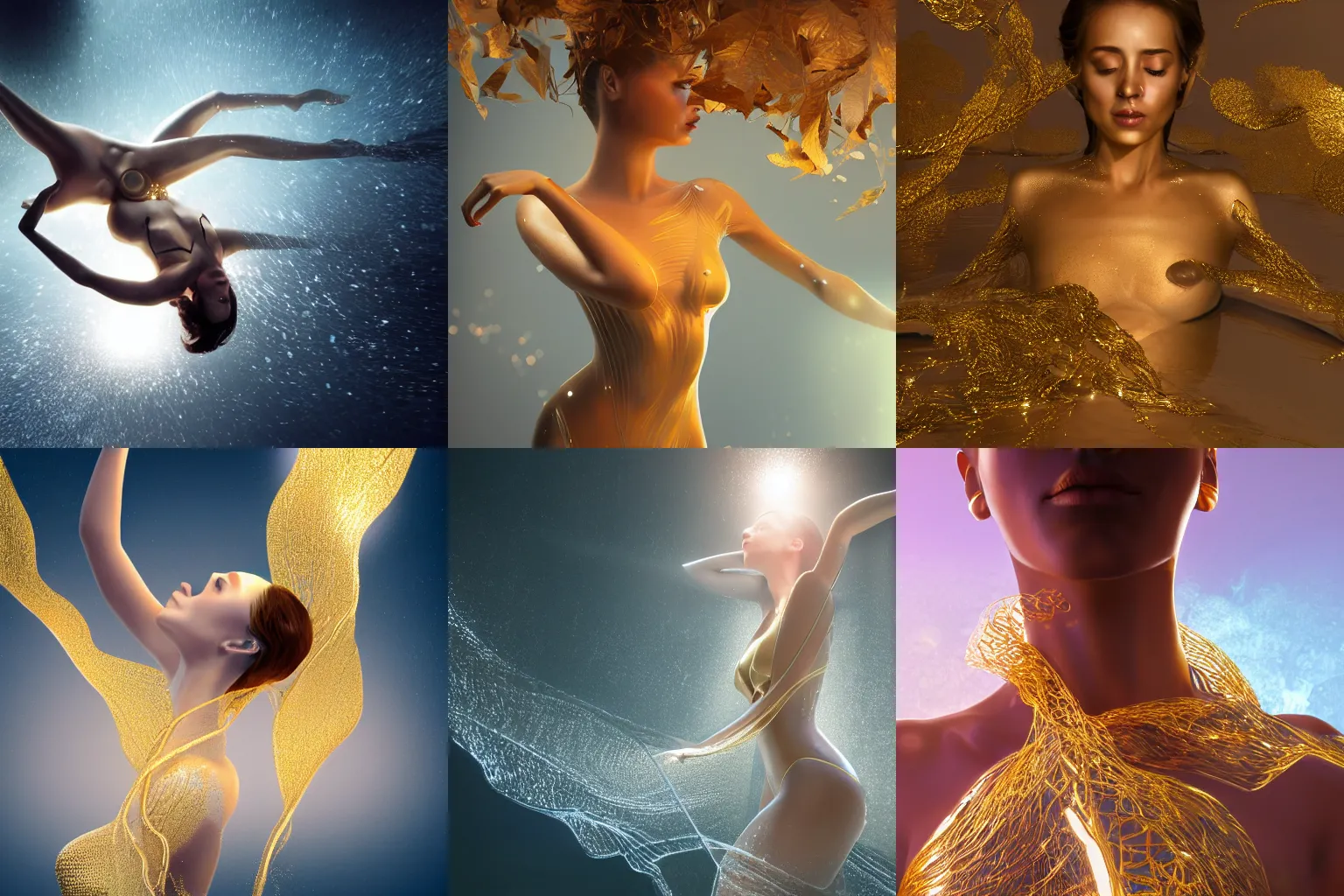 Prompt: a highly detailed digital image of an elegantly posed futuristic woman beautifully swimming, suspended and intertwined from golden liquid like leaves, full body shot, by Andrew Chiampo, artstation, and Frederik Heyman, extremely detailed woman, stunning volumetric lighting, hyper realism, fantasy 4k