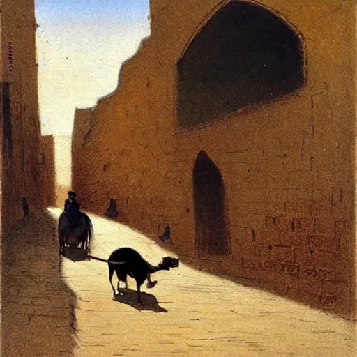 Image similar to An expressionistic painting of a mouse Riding a camel through a narrow street in london, (1885)