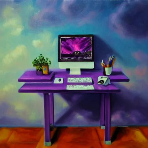 Prompt: realistic panting of a desk on a purple field blue clouds highly detailed trending on art station