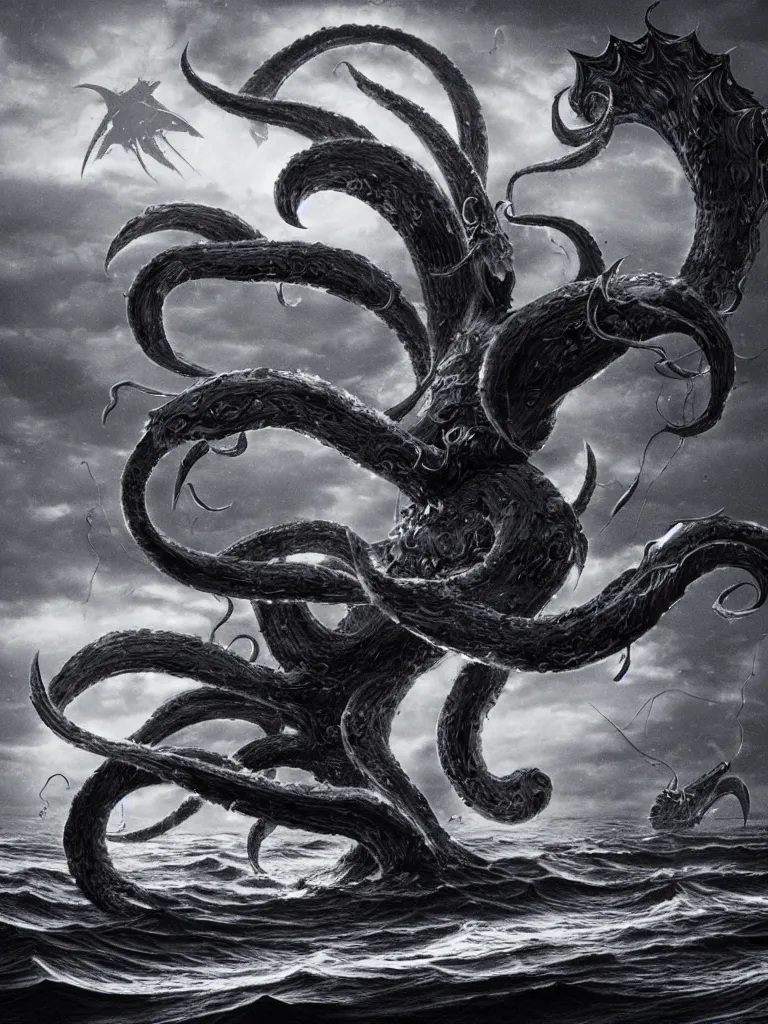 Image similar to minimalist digital art of a kraken attacking a ship on the surface of the ocean, detailed, dark, ominous