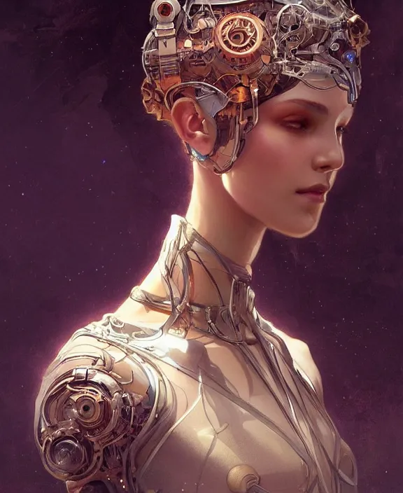 Prompt: portrait of a robotic human, half body, d & d, fantasy, intricate, elegant, highly detailed, digital painting, artstation, concept art, art by artgerm and greg rutkowski and alphonse mucha