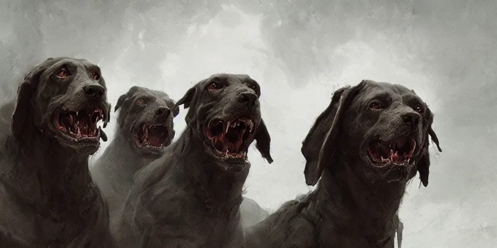 Prompt: cerberus the three headed hound at the gates of hell, greg rutkowski, 8 k, shallow depth of field, moody lighting, ultra high detail, concept art,