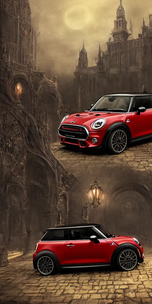 Prompt: red Mini Cooper S, in style of Dark Souls 3, insanely detailed and intricate, golden ratio, elegant, ornate, luxury, elite, ominous, haunting, matte painting, cinematic, cgsociety, James jean, Brian froud, ross tran, Laputa, vivid and vibrant