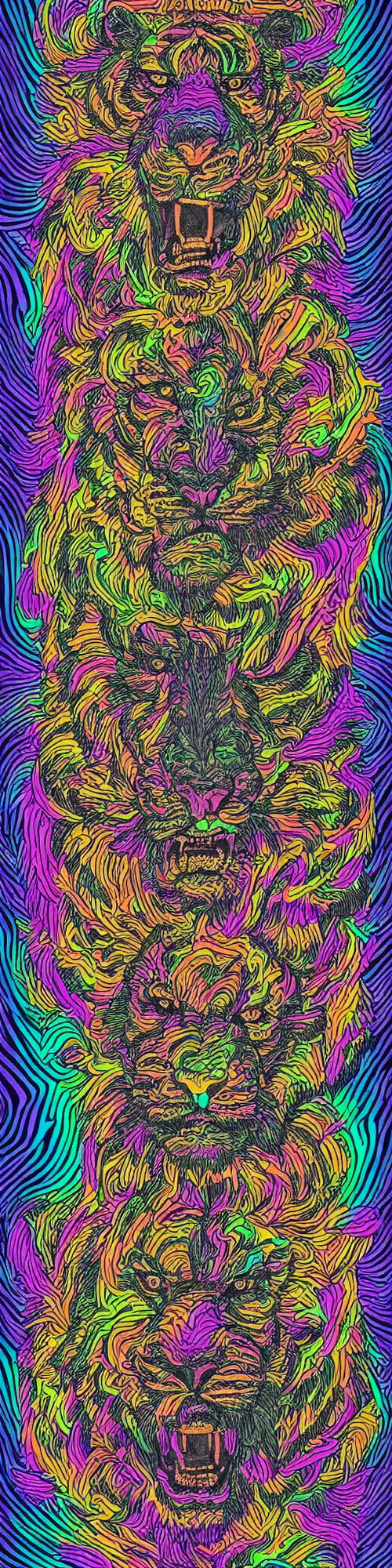 Image similar to tiger lion and bear dissolving into neon pieces, cubensis, aztec, basil wolverton, r crumb, hr giger, mc escher, dali, muted colors, muted rainbow tubing, folds and creases, hills and bumps