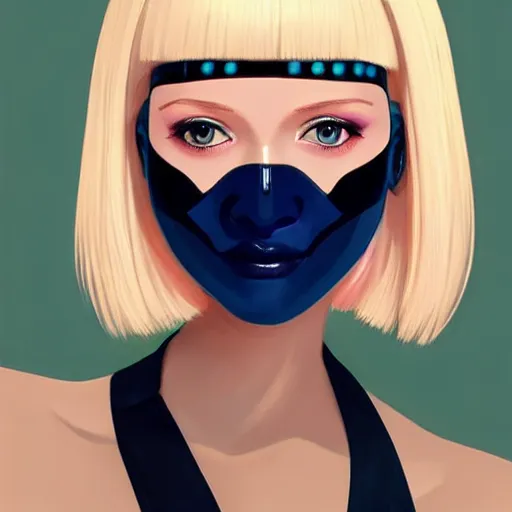 Prompt: android robot woman face painting, black facemask, blond bob haircut, beautiful detailed blue eyes, looking straight to camera, muted colors, matte print, pastel colors, ornate, digital art, cute smile, winning artwork, digital painting, professional art, elegant, by Ilya Kuvshinov, by artgerm
