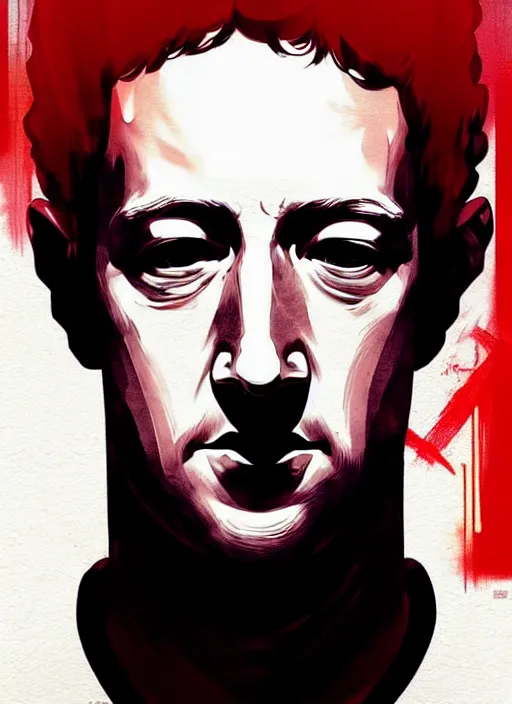 Image similar to highly detailed closeup portrait of mark zuckerberg, mudoken, by atey ghailan, by greg rutkowski, by greg tocchini, by james gilleard, by joe fenton, by kaethe butcher, gradient red, black, brown and white color scheme, grunge aesthetic!!! white graffiti tag wall background