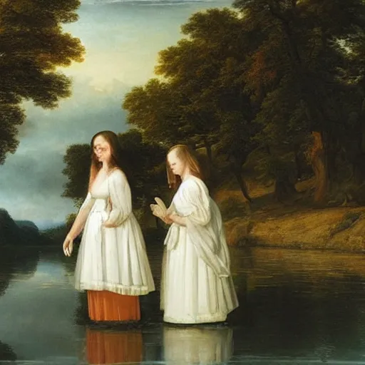 Image similar to two beautiful girls wearing white dresses beautiful faces a dog john martin landscape lake evening