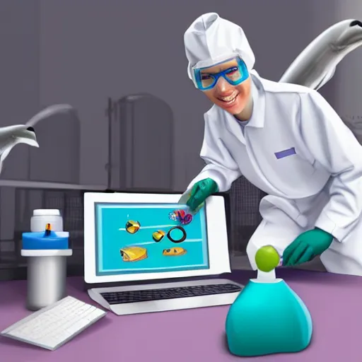 Image similar to A dolphin wearing a chemist outfit, playing games on a computer